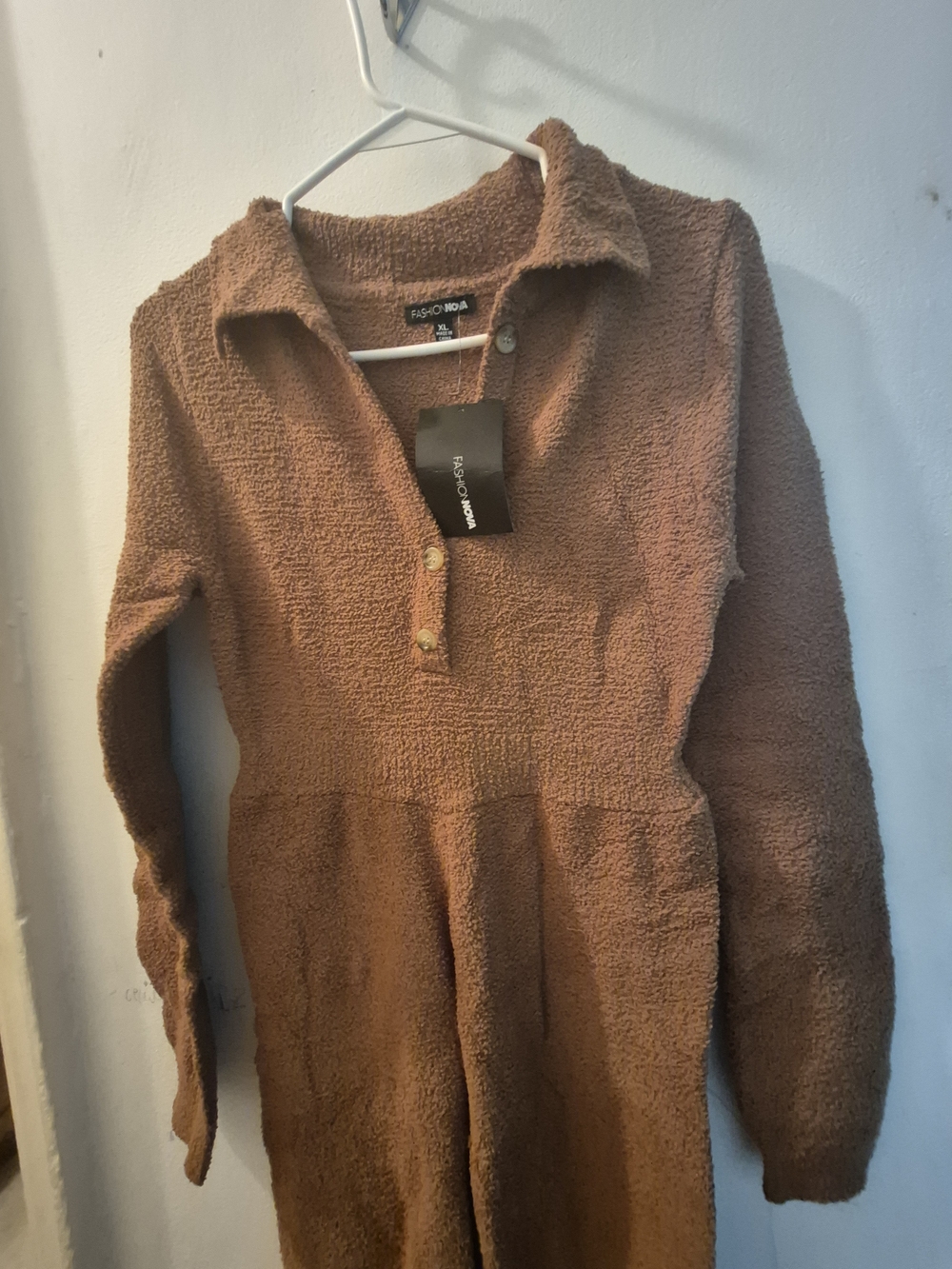 Fashion Nova Brown Sherpa Button-Front Jumpsuit